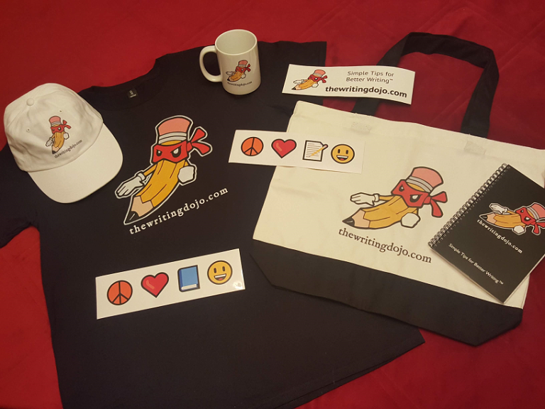 T-shirts, bumper stickers, and other swag with the Writing Dojo logo